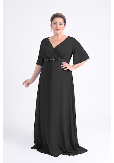 Lilas Xxl Kadın Büyük Beden Uzun Şifon Abiye Elbise 9510 Siyah Siyah