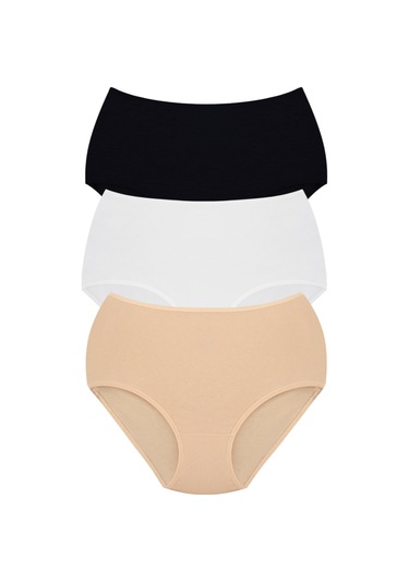 Kadın Yüksek Bel Pamuklu Slip Külot 3'lü Paket Renkli Esnek Kumaş Beyaz - Siyah - Ten