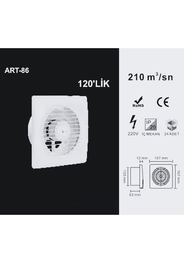 Artı Led 120lik Banyo Tuvalet Aspiratör Havalandırma Fanı 12cm Beyaz