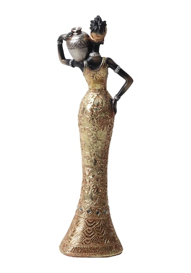 Lüks İşlemeli Geleneksel Yerel Kıyafetli Afrikalı Kadın Heykeli Dekoratif Biblo Ev Ofis Hediyesi Md2