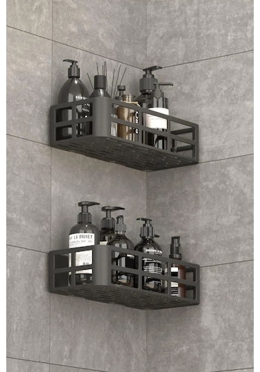 2'li Set Banyo Duş Rafı Şampuanlık, Sabunluk Siyah Yapışkanlı Siyah