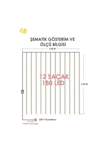 Trendpoint 2.5 X 2.5 Metre 8 Fonksiyonlu Perde Led 12 Saçaklı 180