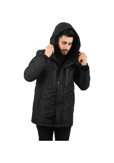 Erkek Polarlı Su Ve Rüzgar Geçirmez Kapüşonlu Kışlık Mont & Kaban & Parka Siyah
