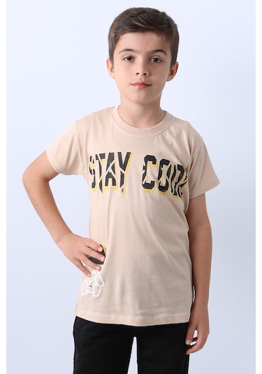 Erkek Çocuk Tişört Stay Cool Baskılı Bisiklet Yaka F18 Bej