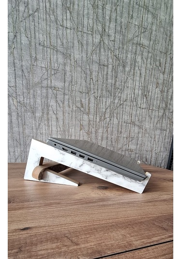 Ahşap Laptop Standı Tüm Modellerle Uyumlu Beyaz Mermer Mdf