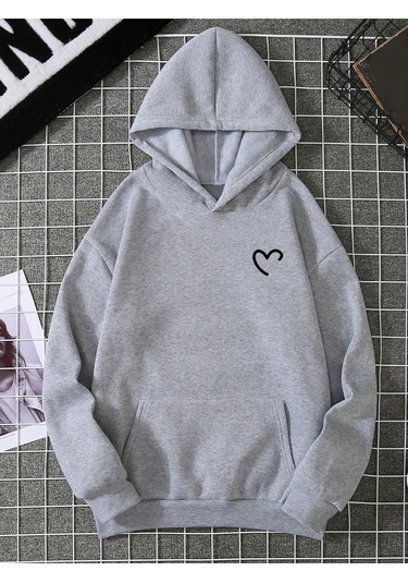 Yarım Kalp Sweatshirt - Gri Baskılı Oversize Kapüşonlu Gri
