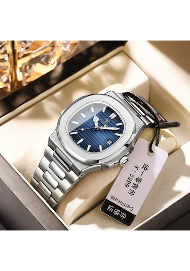 Yingfu 2025 Yeni Lüks Mavi Paslanmaz Erkek Saat, İş Su Geçirmez, Aydınlık Tarih, Kare Kuvars Mavi