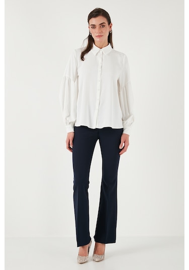 Lela Regular Fit Dikiş Detaylı Düz Yaka Balon Kol Bayan Gömlek 611Go00003 Ekru