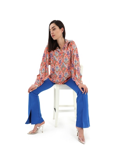 Reglan Kol Baskılı Saten Gömlek - Turuncu-turuncu Turuncu