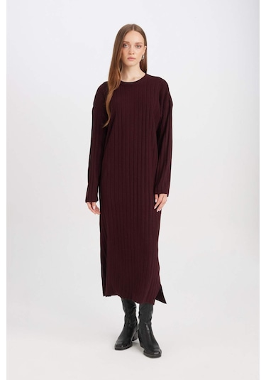 DeFacto Regular Fit Bisiklet Yaka Basic Düz Uzun Kollu Triko Elbise D7510AX24WNBR171 Bordo