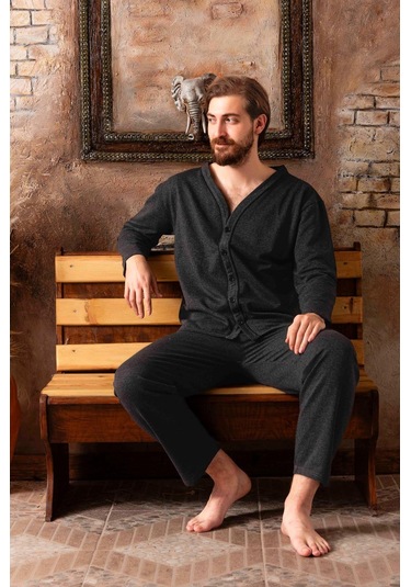 Mutlu City 16511 Boydan Düğmeli Yüksel Kalite Pamuk Erkek Pijama Takımı - Antrasit