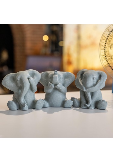 3 Lü Görmedim-duymadım-bilmiyorum Mermerit Fil Biblo - Gri