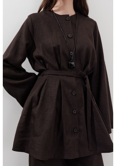 Keten Pensli Tunik Acı Kahve Acı Kahve