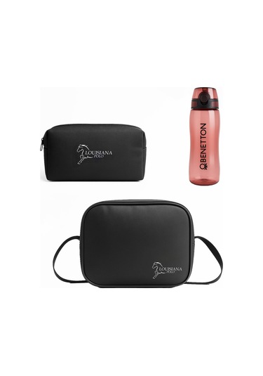 Louisiana Polo 3'lü Set Termal Beslenme Çantası + Kalemlik + Kırmızı Matara Siyah