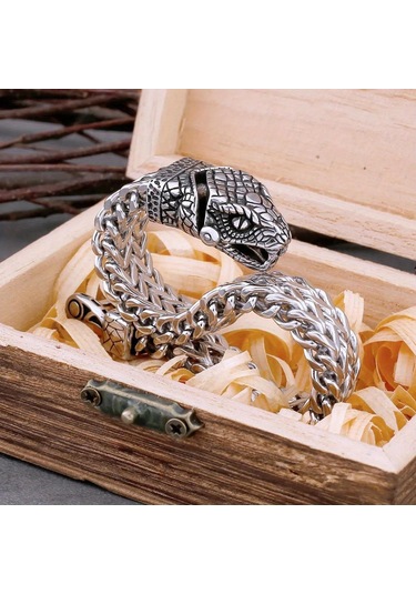 Yüksek Kaliteli İskandinav Viking Asla Solmaz Paslanmaz Çelik Baskın Yılan Kafa Bilezik Erkekler Takı Hediye Moda Punk Charm Bilezik Gümüş