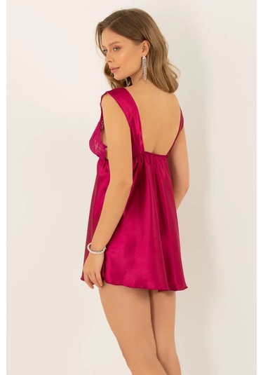 Faryanight Saten Dantelli Açık Sırt Detaylı Kalın Askılı Gecelik Burganya Bordosu Bordo