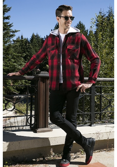 Buratti Ekoseli Çift Cepli Kapüşonlu Oduncu Erkek Gömlek Cf22W2650 Kırmızı-Siyah