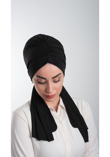 Siyah Pratik Hazır Geçmeli Tesettür Bone Kesik Elyaf Sade 2111_01 Siyah