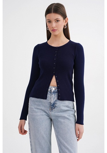 6931 Kadın Düğmeli Fitilli Triko Hırka Lacivert Lacivert