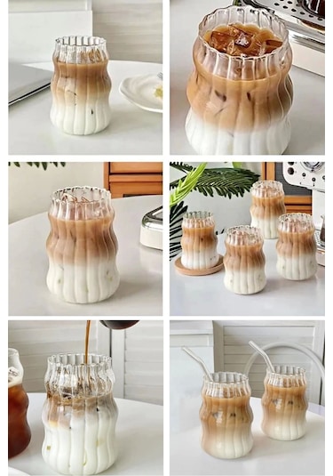 2 Adet Cam Pipetli Çizgili Model Soğuk-sıcak Kahve Bardağı