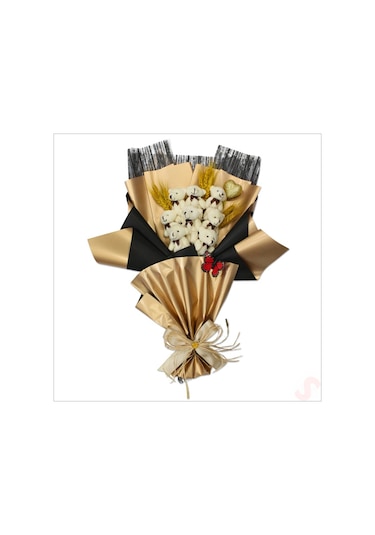 8 Pelüş Ayıcıklı, Kuru Çiçekli Ve Led Işıklı Buket, 59x40cm