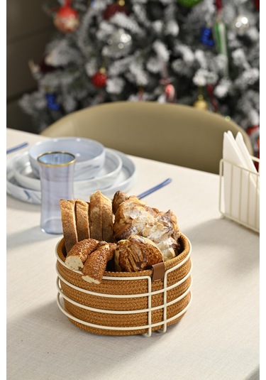 Bej Yuvarlak Ekmek Sepeti Şık,ekmeklik Hardal Hasır Örmeli Makrome-çok Amaçlı Metal Paslanmaz Beyaz