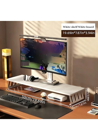 Motion003 Ergonomik Ahşap Monitör Standı Yükseltici Beyaz Stand Beyaz Tahta 50 Cm Büyük Çift Ekran Masa Rafı L Şeklinde Bacaklı Laptop Yükseltici