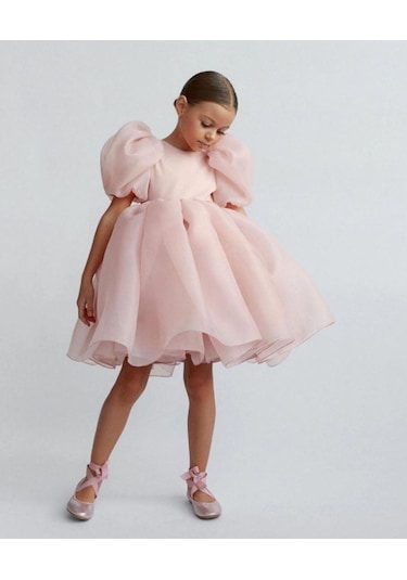 Balon Kollu Organze Tasarım Abiye - Kristal Tüllü Organze