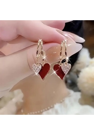Mumicemum Glamour Çift Kalp Sallantılı Küpeler Altın - Kırmızı