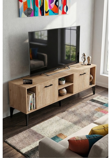 Tv Sehpası 160 Cm Modern Çok Amaçlı Dolaplı Raflı Televizyon Ünitesi Linya Sepet Rengi