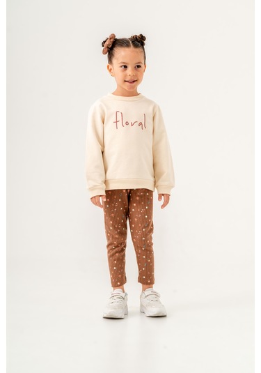 Kız Çocuk Floral Nakışlı İki İplik Kumaş Taytlı Takım Toka Dahildir. Ekru