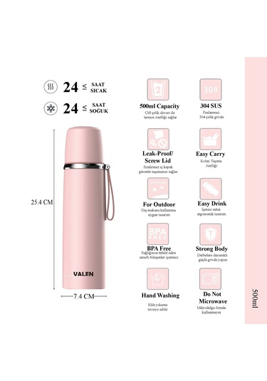 Çift Duvarlı Vakumlu Termos 500ml / Pembe