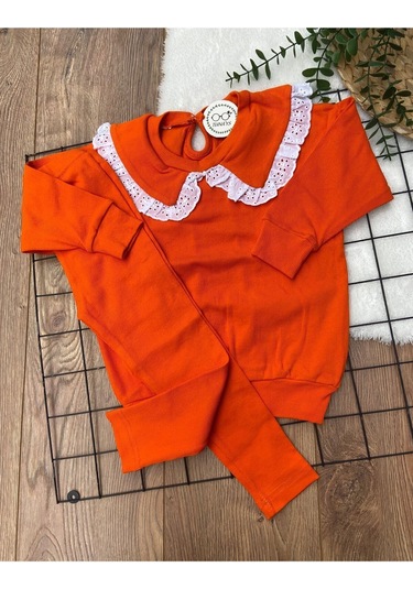 Fisto Yaka Detaylı Alt Üst Kaşkorse Kız Çocuk Takım Turuncu