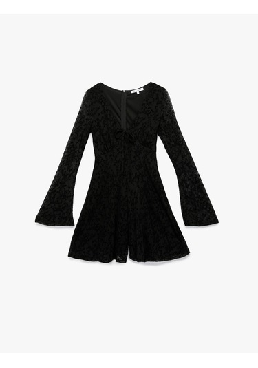 Koton Uzun Kollu V Yaka Bağlama Detaylı Tulum Siyah 6wal40008ık Siyah