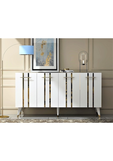 Vienna Dört Kapaklı Altın-Kulp Beyaz Ayaklı Konsol Beyaz-altın