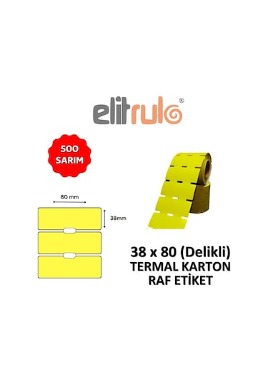 Elitrulo Termal Karton Raf Etiketi 38mm X 80mm Delikli Sarı - 500 Adet