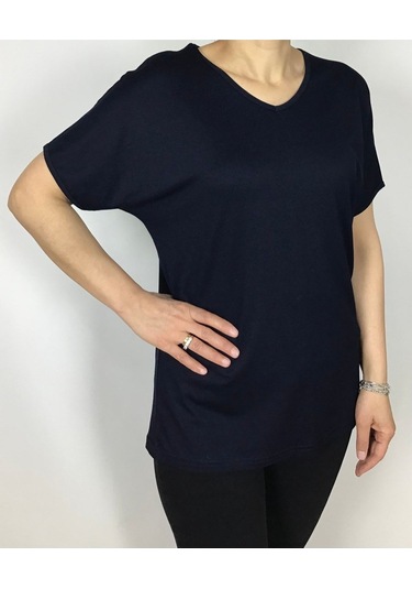 Kısa Kol V Yaka Likralı Düz Penye Bluz Lacivert