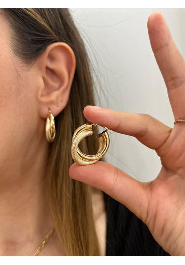 Altın Nesil - 14 Ayar Altın Çift Halka Kalın Boru Yuvarlak Küpe Altın - Beyaz Altın