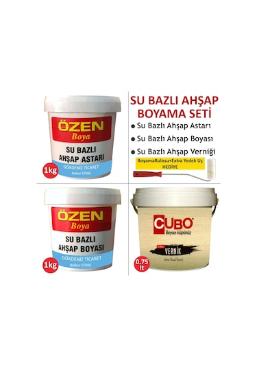 Su Bazlı Ahşap Boya Seti-Su Bazlı Ahşap Astarı+Boyası+Verniği+Rul