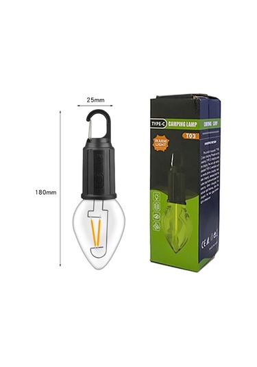 Szypzstore Kanca İle Dış Mekan Led Dize Işık 400mah Tip-c Usb Ampul 3 Mod Su Geçirmez Kamp Fener Asılı Çadır Işık-t03 E3ydhh Siyah