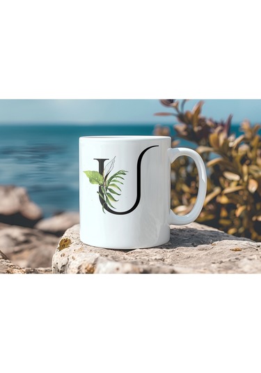 U Harf Zarif Yaprak Desenli Kupa Bardak - Naturel Sade Alfabe Harfli Bardak - Kişiye Özel Hediye Beyaz