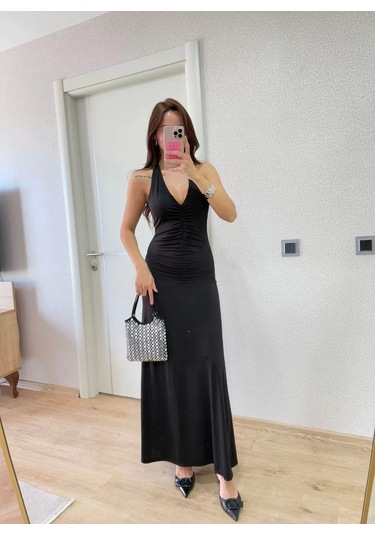 Sırt Dekolteli Uzun Elbise - Siyah Siyah