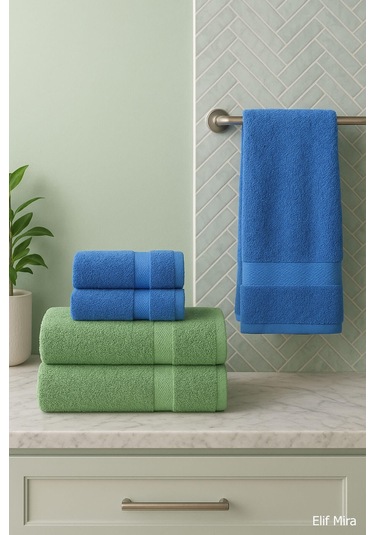 4 Lü Banyo Havlusu Seti %100 Pamuklu 70x140 Cm Pleasure Mavi-yeşil