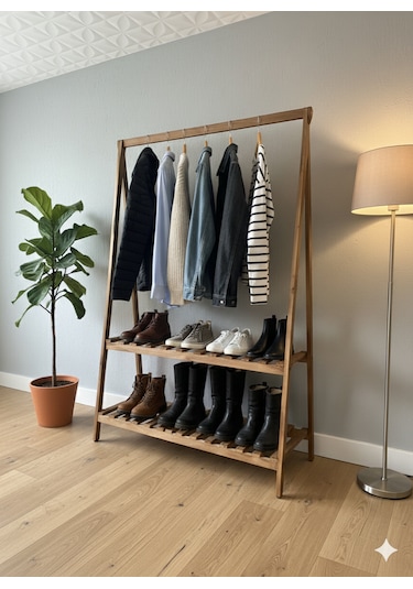 Konfeksiyon Elbise Askılık İki Raflı 148 105 Cm Kahverengi