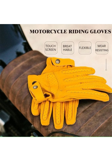 Tenfowee Motorsiklet Kullanımı İçin Dokunmatik Ekranlı Deri Eldiven, Uv Koruma, Sarı Xl Boy, Havalandırmalı Ve Kaymaz Tasarım