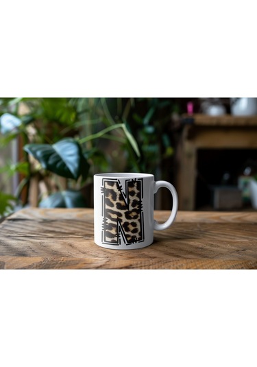 N Baş Harf Leopar Desenli Kupa Bardak - Kişiye Özel Feminen Konsept Hediye - Vahşi Hayvan Desenli Beyaz