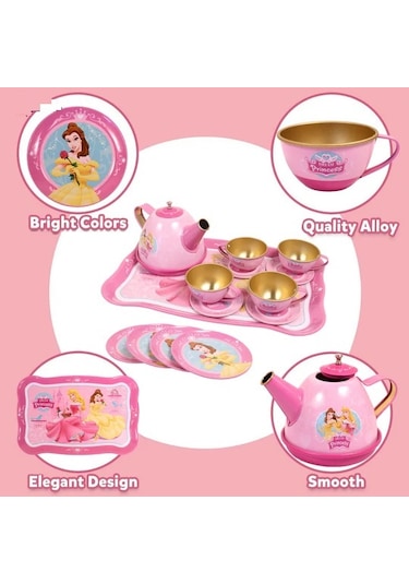 14 Parça Prenses Pembe Metal Oyuncak Çay Seti