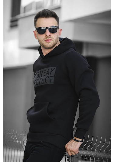 Oksit Break Üç İplik Şardonlu Baskılı Kapüşonlu Erkek Sweatshirt 001