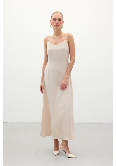 Askılı Uzun Saten Elbise - Bej-136325 Bej