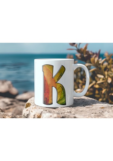 K Harf Yaprak Renkleri İle Kupa Bardak - Kişiye Özel Alfabe Harfli Bardak - Hediye Beyaz